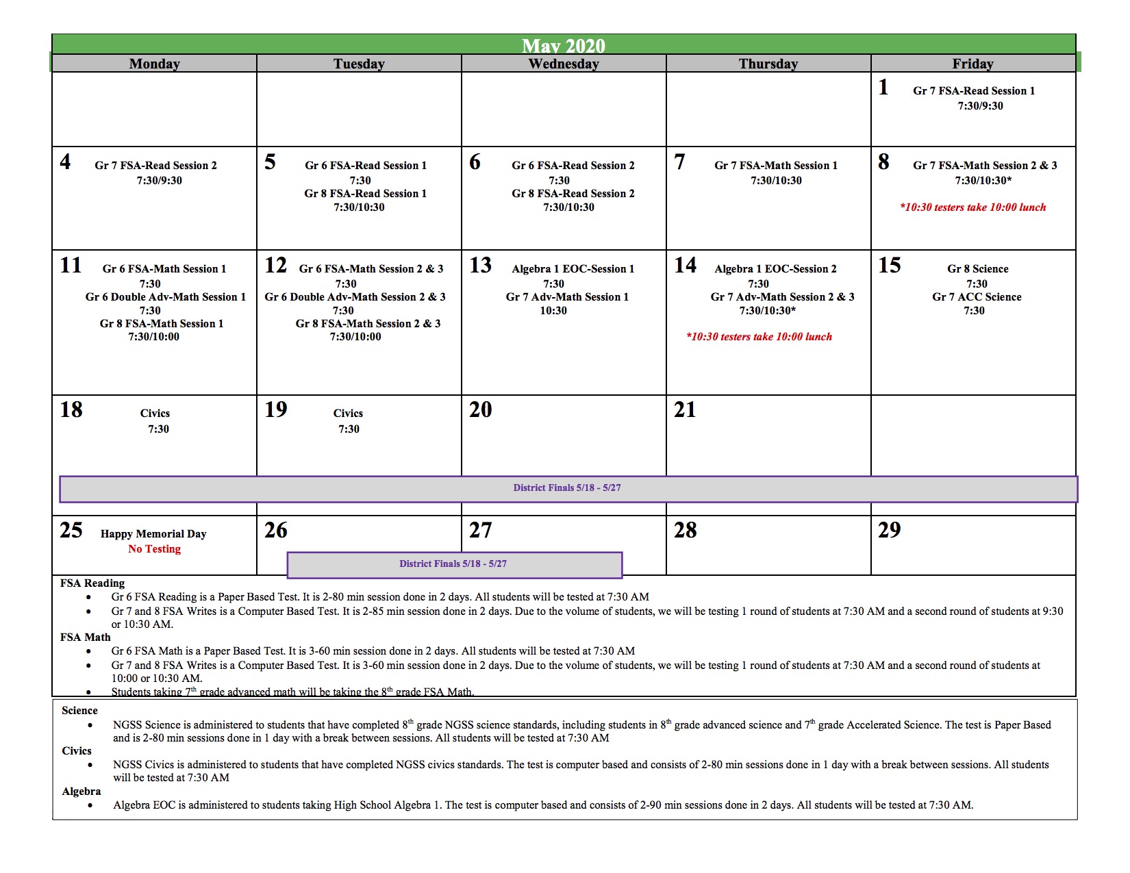 End of Year Testing Information: FSA, EOCs, and District Finals – All End of Year Testing has been cancelled. | River Ridge Middle School